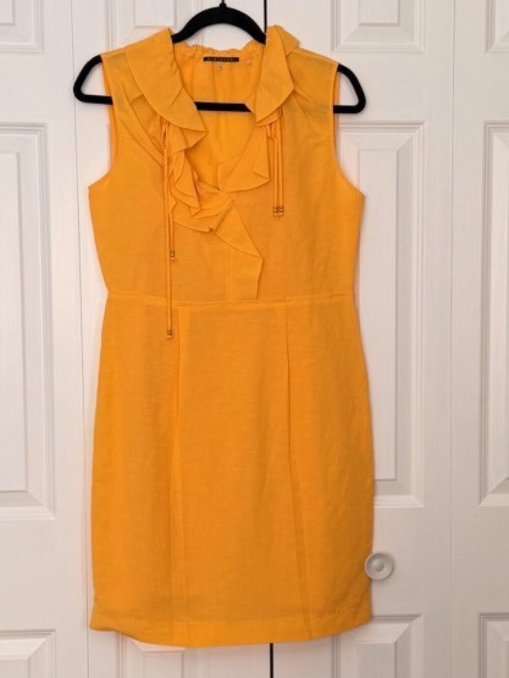 Elie Tahari Mustard Yellow Ruffle V-Neck Dress Size 4 US
